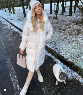 Lange gewatteerde beige winterjas dames 